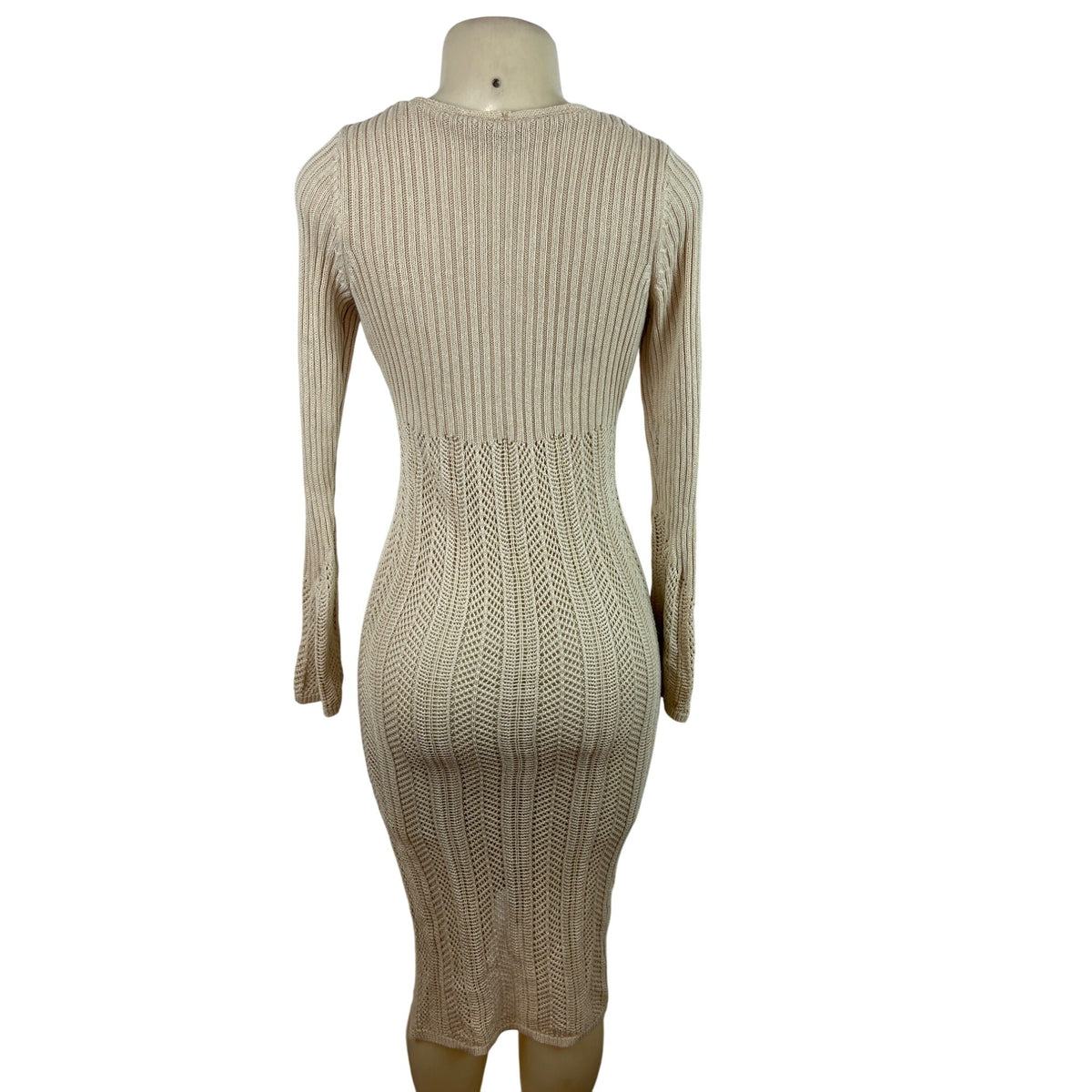 Freshman 1996 Women's Beige Strethcable Knit Bodycon Dress With V-Neck Size S