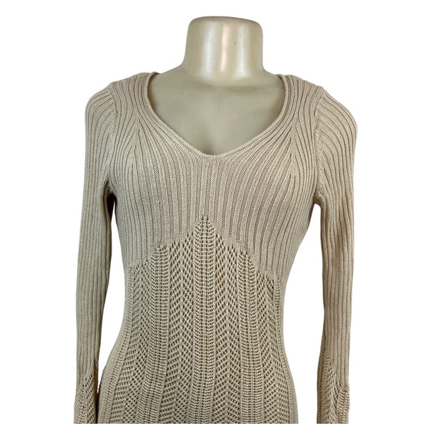 Freshman 1996 Women's Beige Strethcable Knit Bodycon Dress With V-Neck Size S