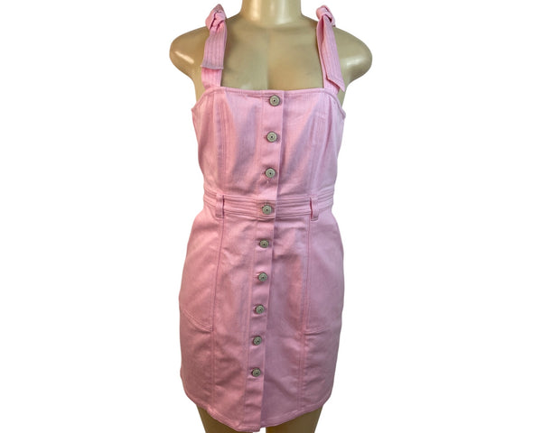 5a7 Pink Button-Front Mini Dress With Tie Straps & Pockets Size 8 - New