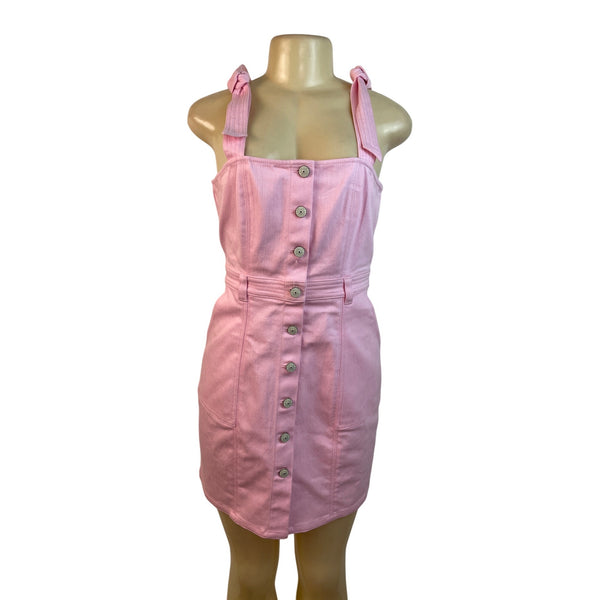 5a7 Pink Button-Front Mini Dress With Tie Straps & Pockets Size 8 - New