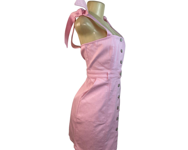 5a7 Pink Button-Front Mini Dress With Tie Straps & Pockets Size 8 - New