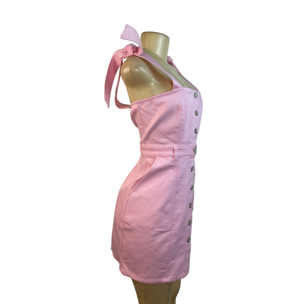 5a7 Pink Button-Front Mini Dress With Tie Straps & Pockets Size 8 - New