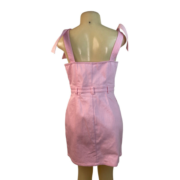 5a7 Pink Button-Front Mini Dress With Tie Straps & Pockets Size 8 - New