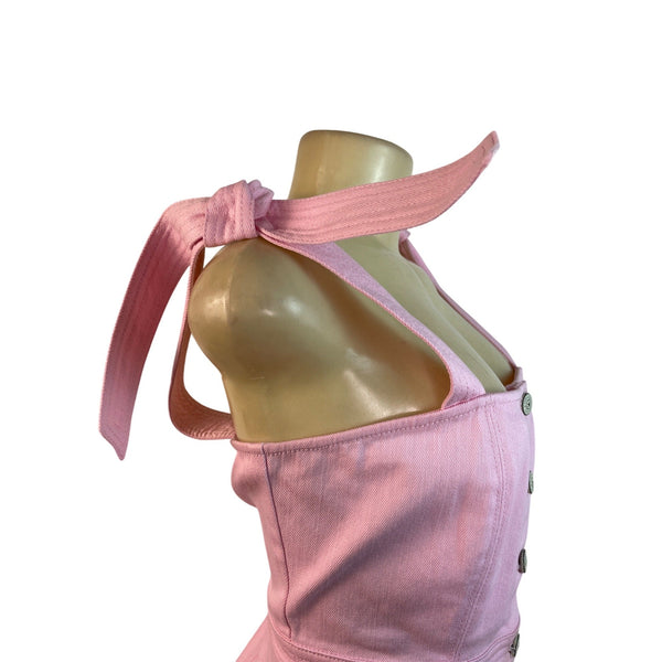 5a7 Pink Button-Front Mini Dress With Tie Straps & Pockets Size 8 - New