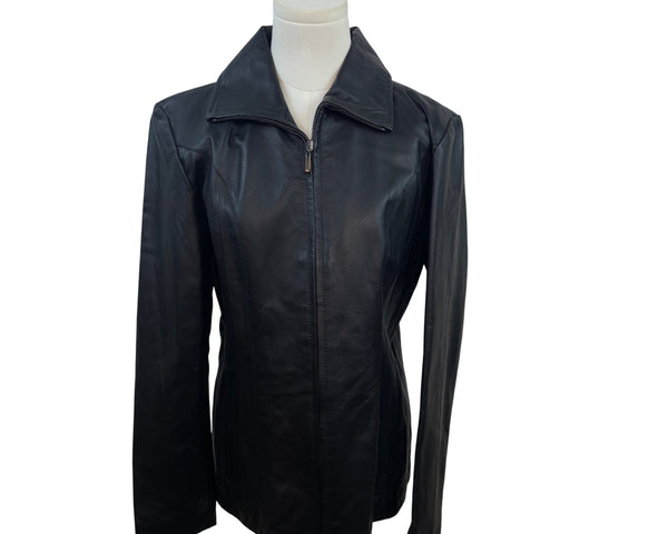 East 5Th Women's Black Zipped Leather Jacket With Pockets & Wing Collar Size S