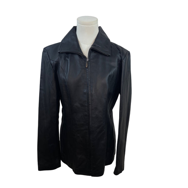 East 5Th Women's Black Zipped Leather Jacket With Pockets & Wing Collar Sz S