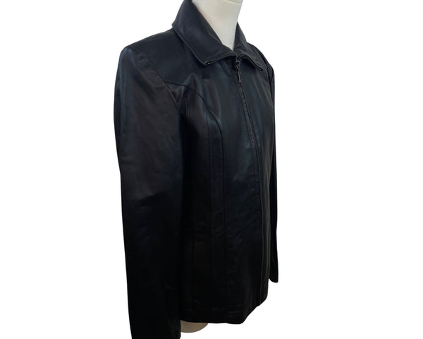East 5Th Women's Black Zipped Leather Jacket With Pockets & Wing Collar Size S