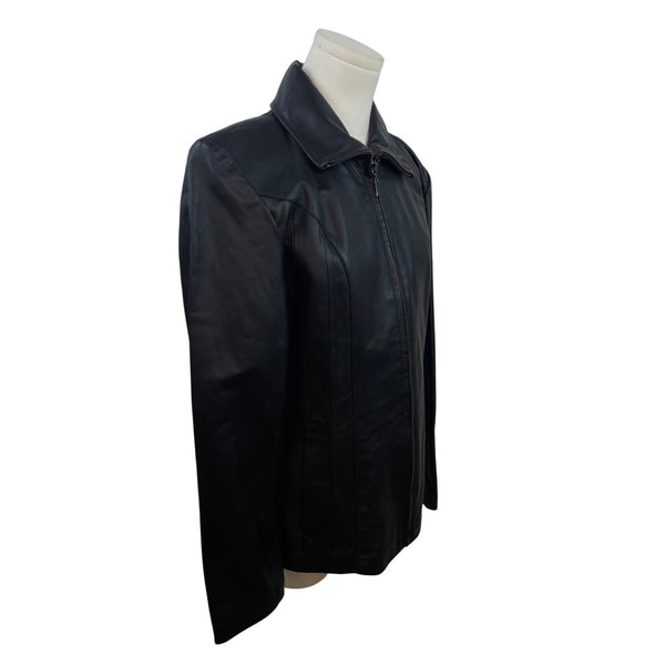 East 5Th Women's Black Zipped Leather Jacket With Pockets & Wing Collar Sz S