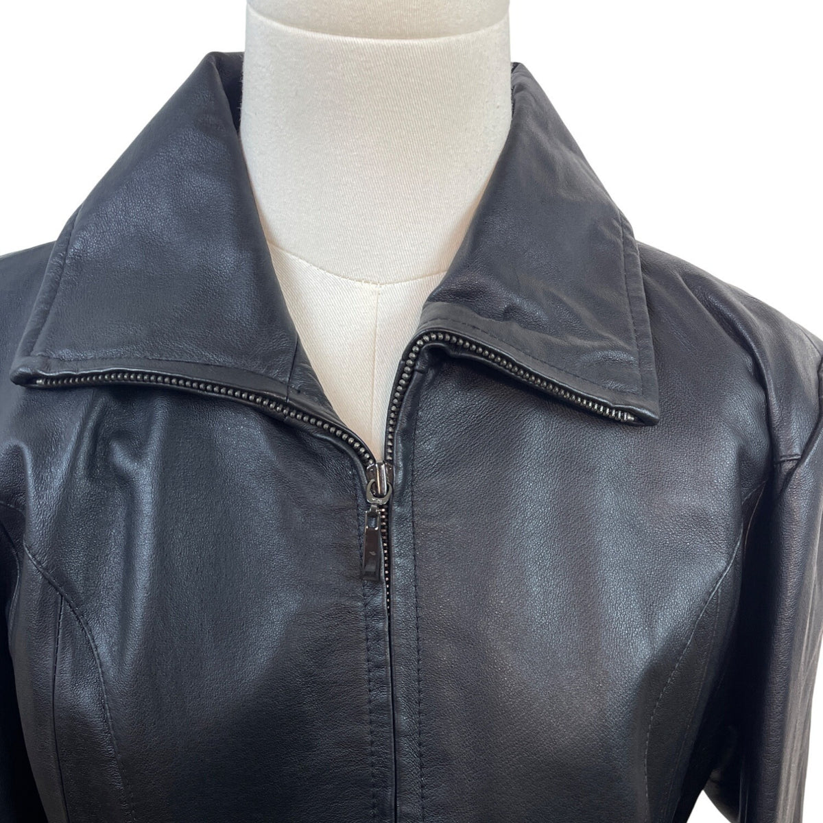 East 5Th Women's Black Zipped Leather Jacket With Pockets & Wing Collar Sz S