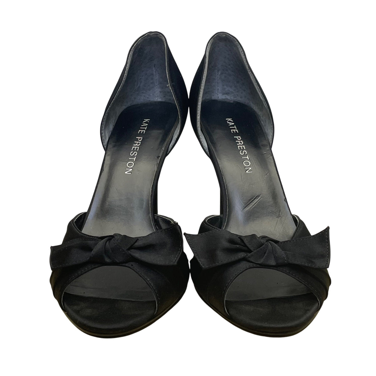 Kate Preston Women’s Black Satin Open-Toe Formal DOrsay Style Bow Heels Size 7M