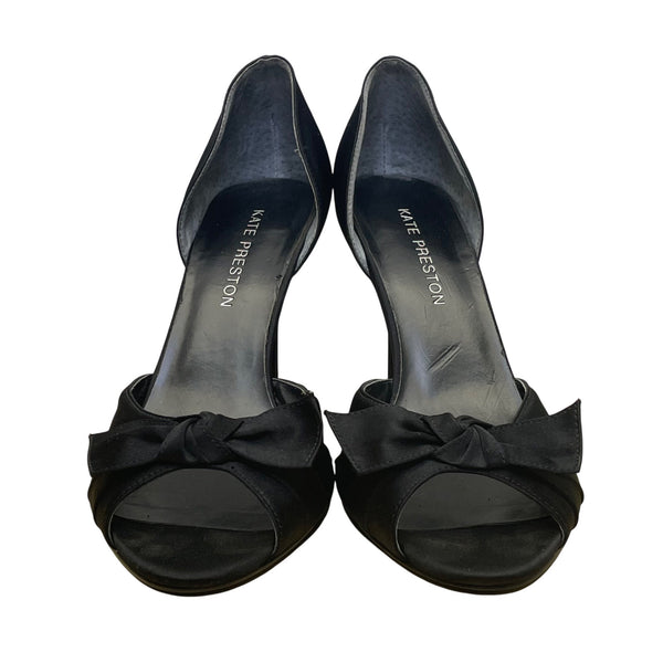 Kate Preston Women’s Black Satin Open-Toe Formal DOrsay Style Bow Heels Size 7M