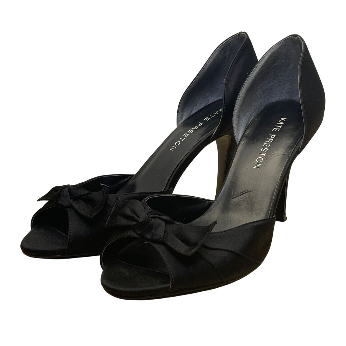 Kate Preston Women’s Black Satin Open-Toe Formal DOrsay Style Bow Heels Size 7M