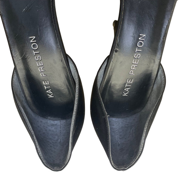 Kate Preston Women’s Black Satin Open-Toe Formal DOrsay Style Bow Heels Size 7M
