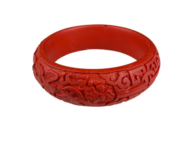 Handcrafted Red Cinnabar Style Floral Engraved Bangle Bracelet Women’s Size 7