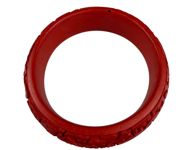 Handcrafted Red Cinnabar Style Floral Engraved Bangle Bracelet Women’s Size 7