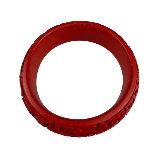 Handcrafted Red Cinnabar Style Floral Engraved Bangle Bracelet Women’s Size 7