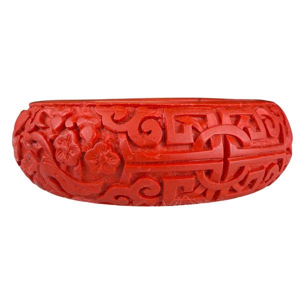 Handcrafted Red Cinnabar Style Floral Engraved Bangle Bracelet Women’s Size 7