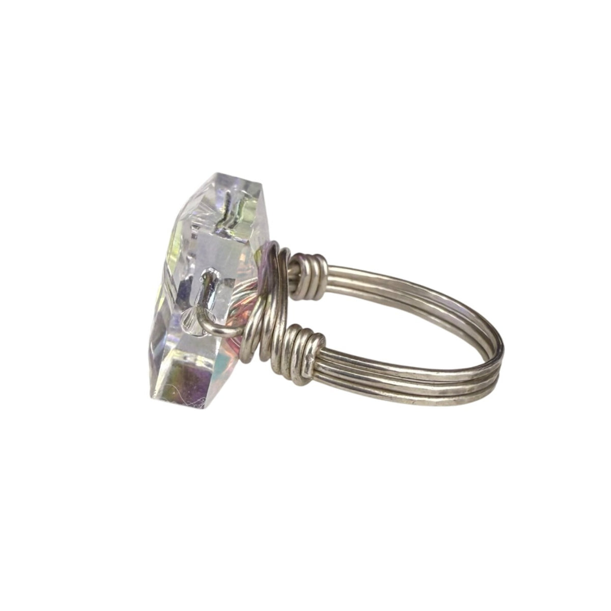 Handcrafted Silver Wire Wrapped Crystal Statement Ring Size 5.5 Unique