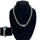 Heavy Turquoise Cristal Accents Silver Tone Necklace and Bracelet Set - 22in