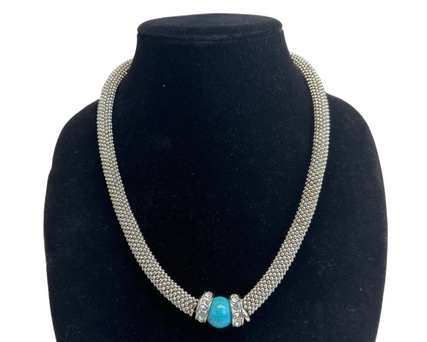Heavy Turquoise Cristal Accents Silver Tone Necklace and Bracelet Set - 22in