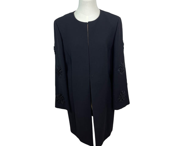 Tahari Arthur S. Levine Black Embroidered 3/4 Sleeve Open Front Womens Coat Size 8