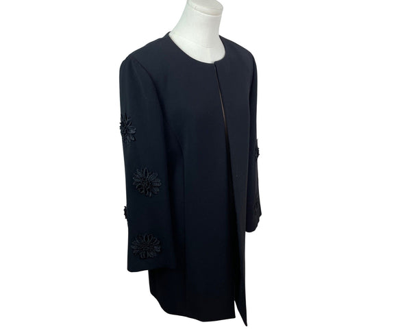 Tahari Arthur S. Levine Black Embroidered 3/4 Sleeve Open Front Womens Coat Size 8