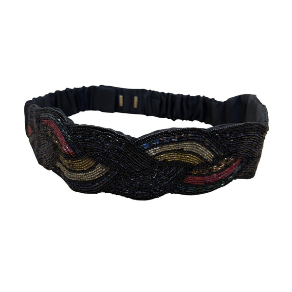 Vintage 80"s Magid Black Beaded Multicolor Polyester Elastic Adjustable Belt M/L