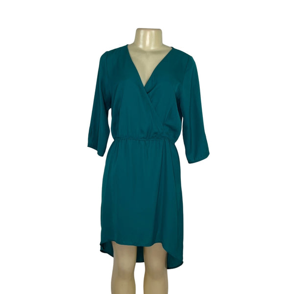 Glam Womens Teal High-Low Blousson Dress With V-Neck Size M - New