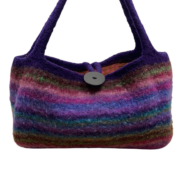 Hand-Knitted Felted Wool Striped With Button Closure & Double Handles Tote Bag