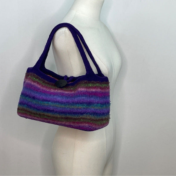 Hand-Knitted Felted Wool Striped With Button Closure & Double Handles Tote Bag