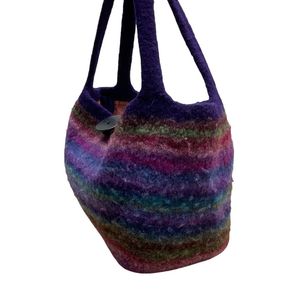 Hand-Knitted Felted Wool Striped With Button Closure & Double Handles Tote Bag