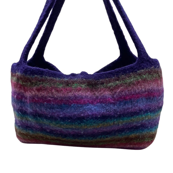 Hand-Knitted Felted Wool Striped With Button Closure & Double Handles Tote Bag