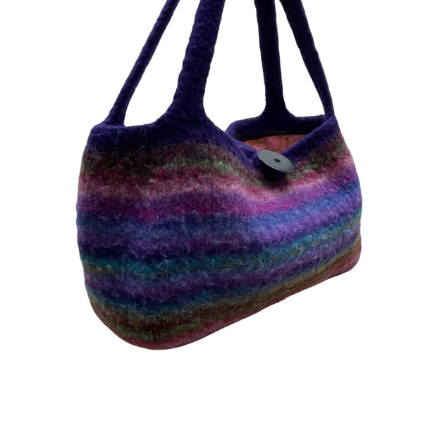 Hand-Knitted Felted Wool Striped With Button Closure & Double Handles Tote Bag