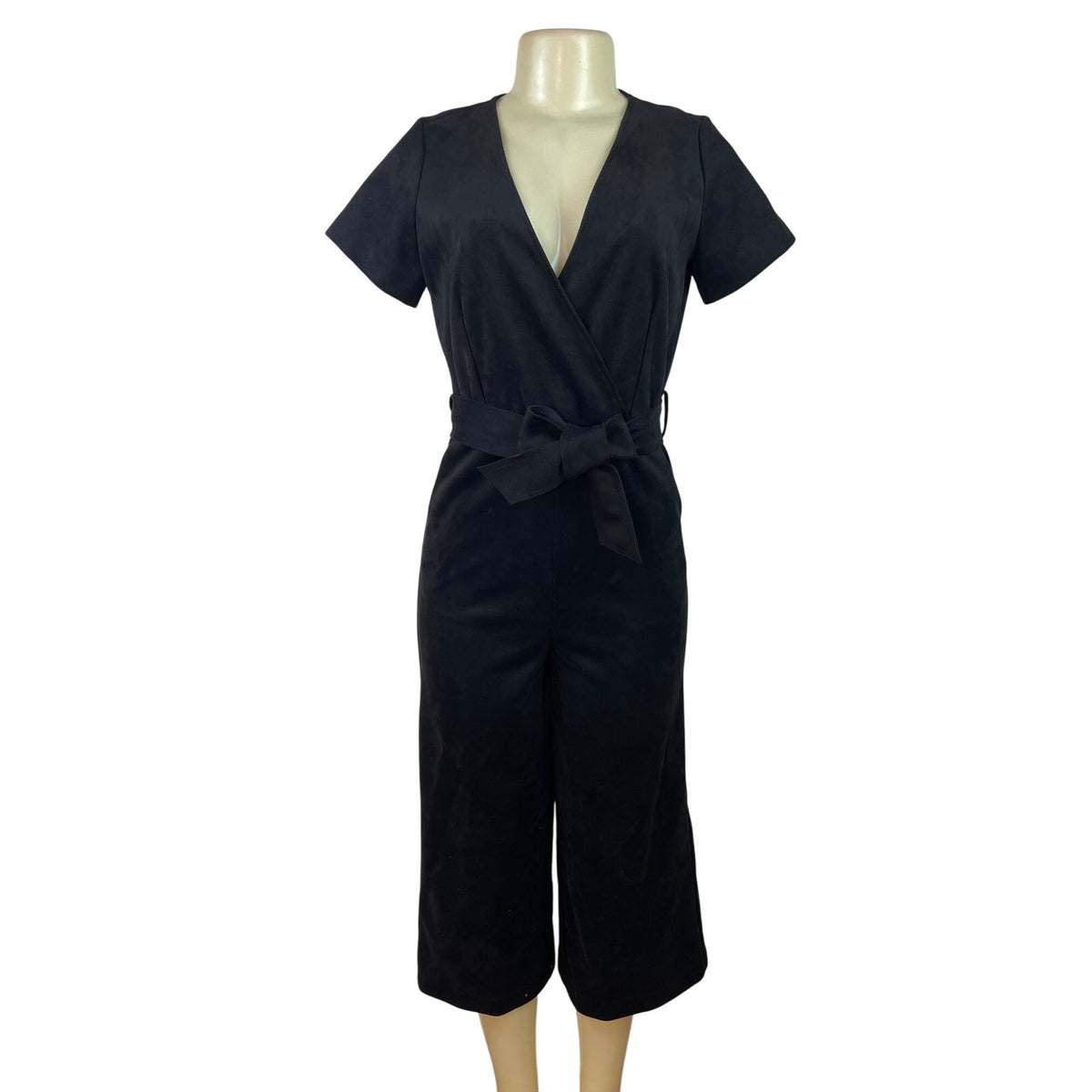 MNG Short Sleeve Faux Suede Belted Wrap Jumpsuit For Women Cropped Length Sz XS