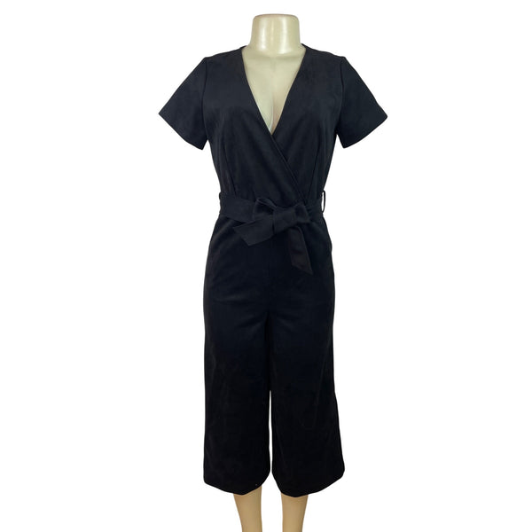 MNG Short Sleeve Faux Suede Belted Wrap Jumpsuit For Women Cropped Length Sz XS