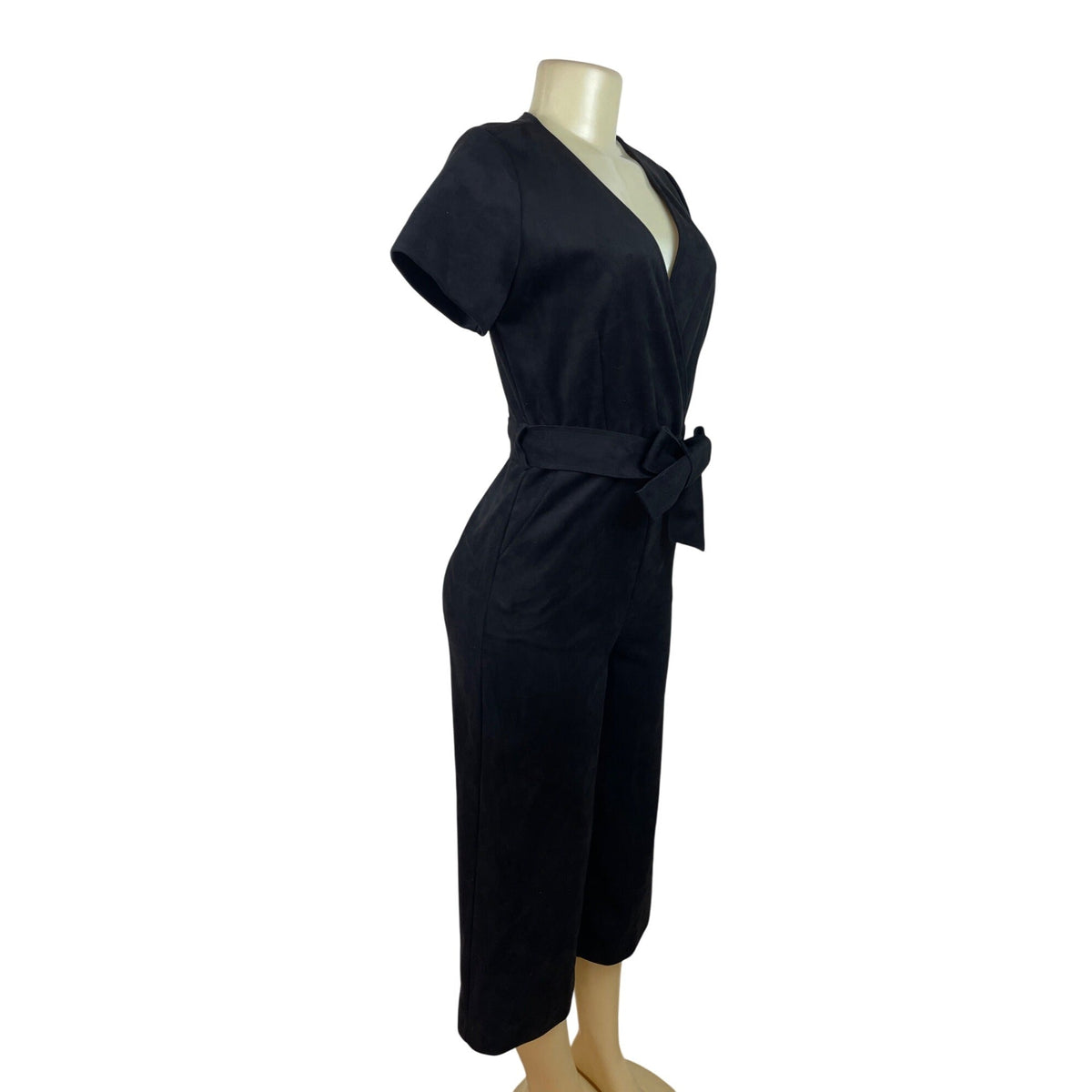 MNG Short Sleeve Faux Suede Belted Wrap Jumpsuit For Women Cropped Length Sz XS