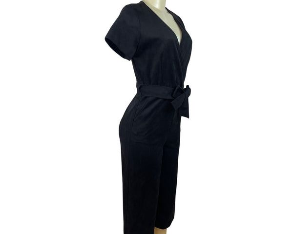 MNG Short Sleeve Faux Suede Belted Wrap Jumpsuit For Women Cropped Length Sz XS