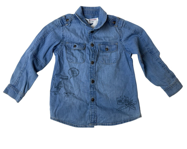 Minoti Girls Blue Denim Button-Up Shirt With Fun Graphic Details Size 18-24M