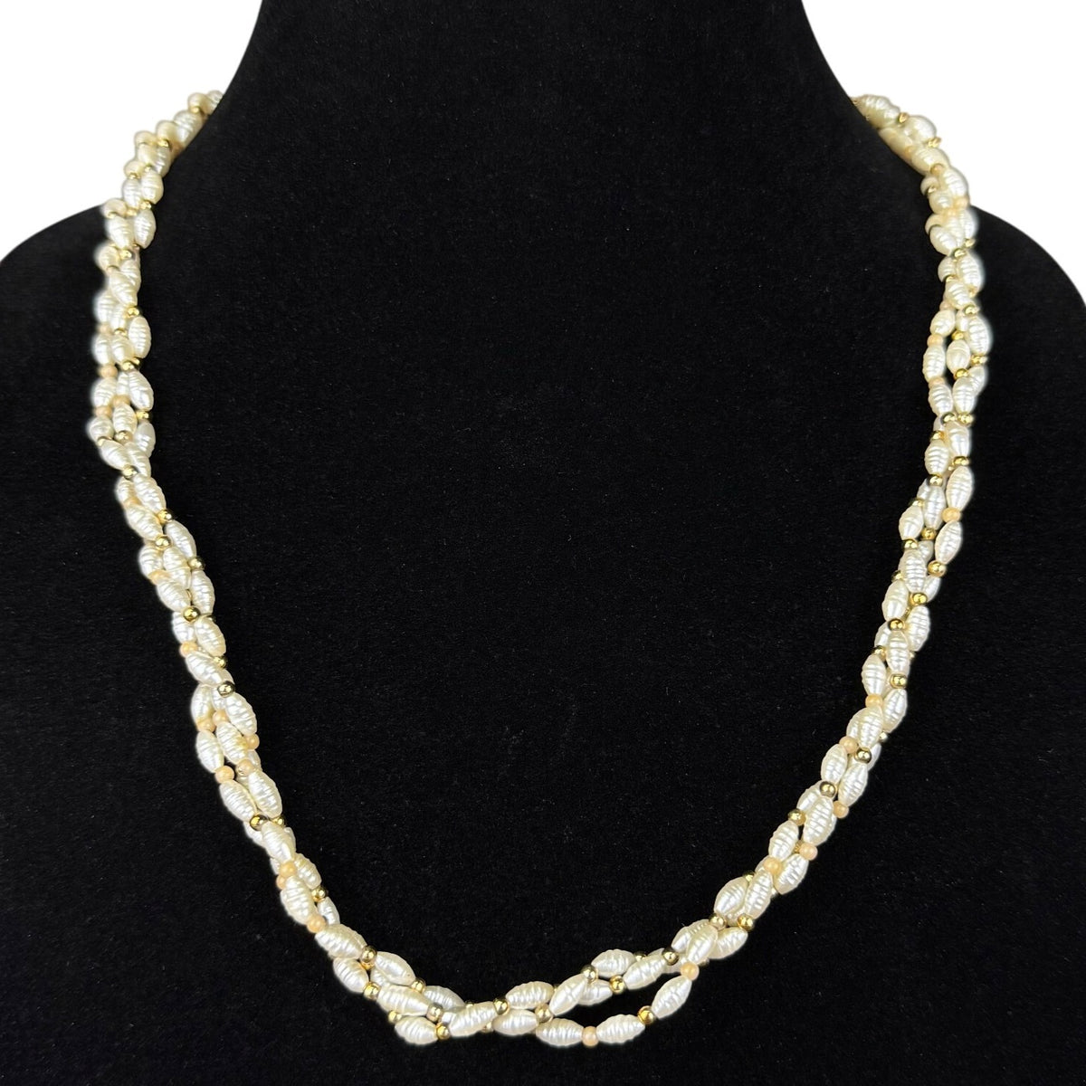 Vintage Shell Pearl Necklace Gold-Tone Beads Double-Strand Twist Design