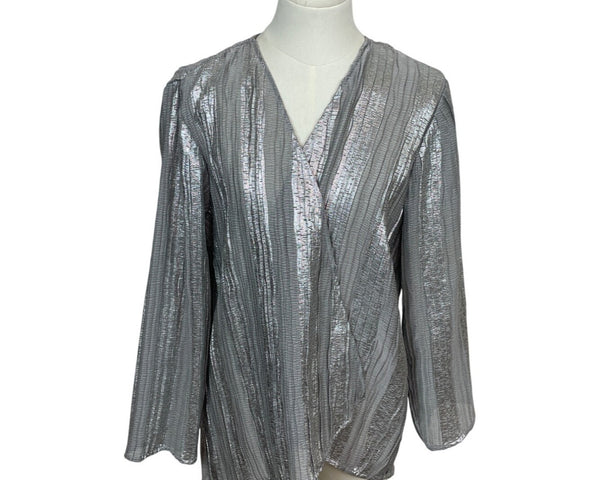 Chicos Metallic Silver Striped Long Sleve Open Blouse Womens Sz 2