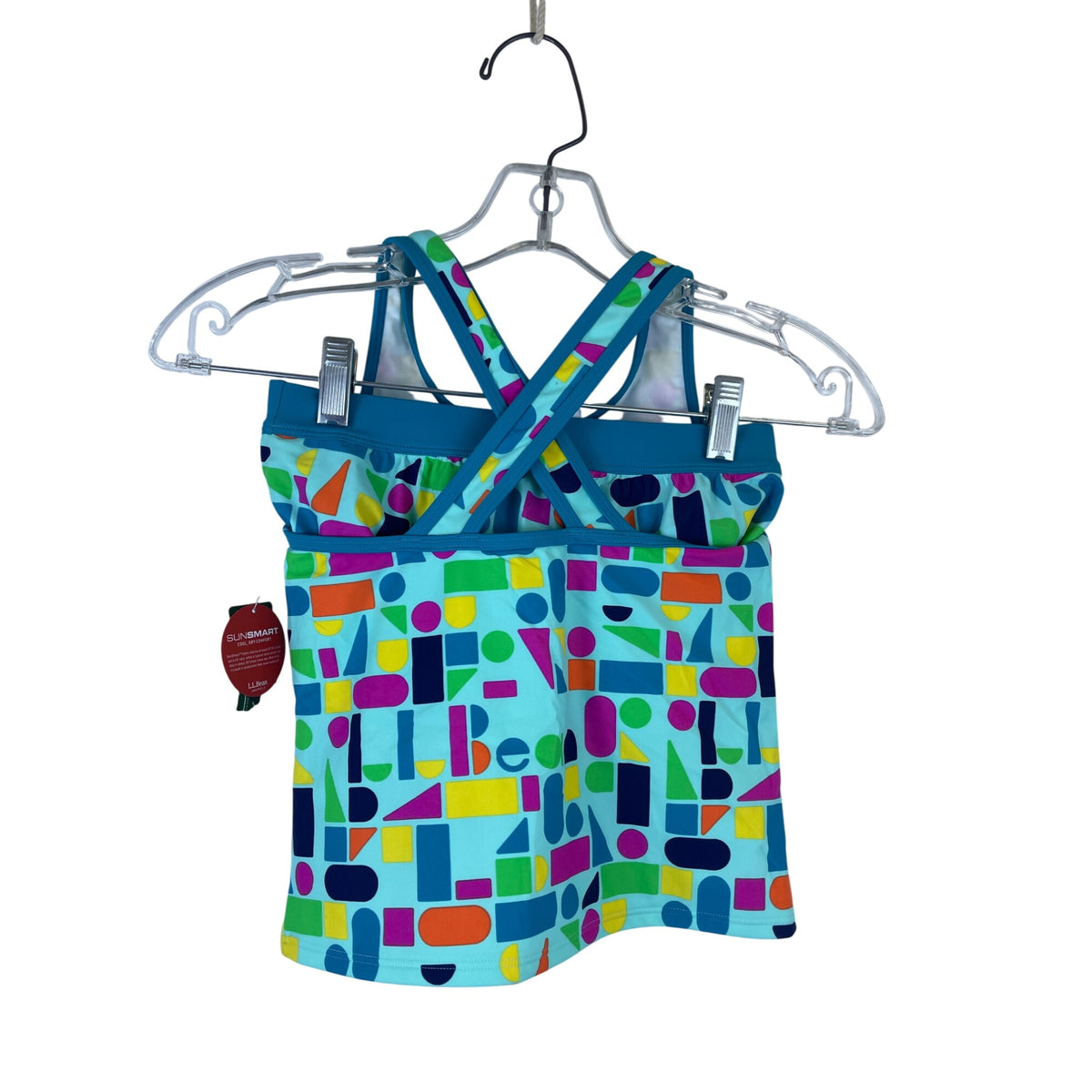 L.L.Bean Girls Teal Multicolor Waterport Swim Tankini Set UPF 50+ Geometric Print Size 10
