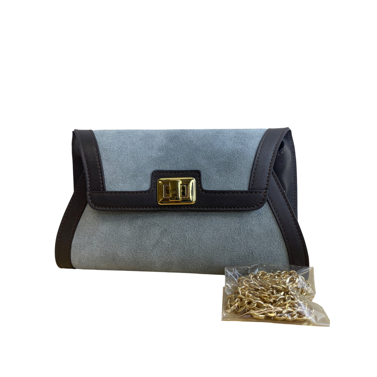 Suede & Leather Womens Blue/Brown Shoulder Bag With Gold Chain Strap & Snap Closure