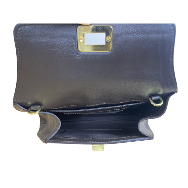 Suede & Leather Womens Blue/Brown Shoulder Bag With Gold Chain Strap & Snap Closure