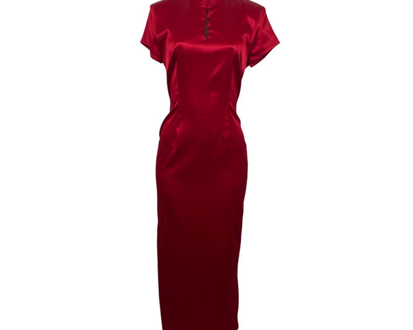 Harlow Vintage Red Satin Cheongsam Dress With Mandarin Collar Cap Sleeves Sz 10