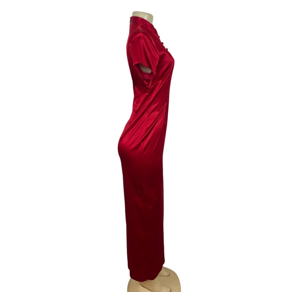 Harlow Vintage Red Satin Cheongsam Dress With Mandarin Collar Cap Sleeves Sz 10
