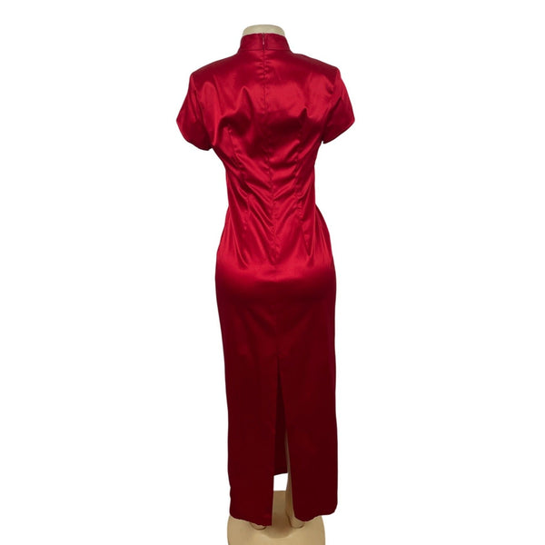 Harlow Vintage Red Satin Cheongsam Dress With Mandarin Collar Cap Sleeves Sz 10