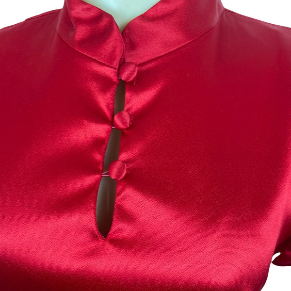 Harlow Vintage Red Satin Cheongsam Dress With Mandarin Collar Cap Sleeves Sz 10