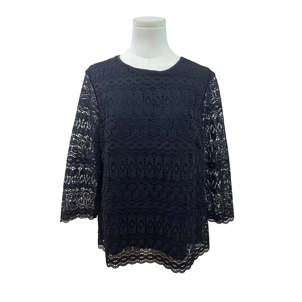 Talbots Petite Black Lace 3/4 Sleeve Top Lined Keyhole Back Womens Size LP