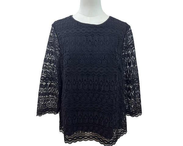 Talbots Petite Black Lace 3/4 Sleeve Top Lined Keyhole Back Womens Size LP