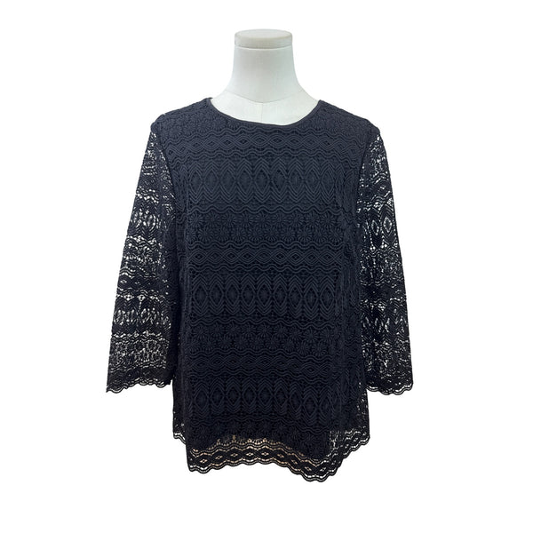 Talbots Petite Black Lace 3/4 Sleeve Top Lined Keyhole Back Womens Size LP